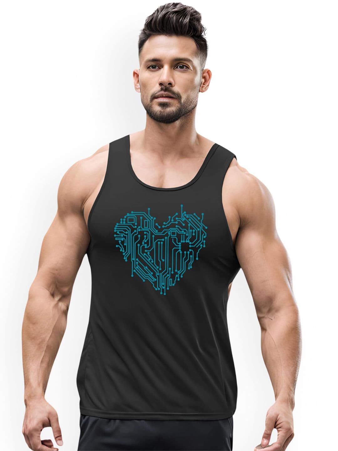 3Colors Printed Dry-Fit Sleeveless Gym Vest VEST-NCUT-ROBOT HEART-BLK_M - view 1