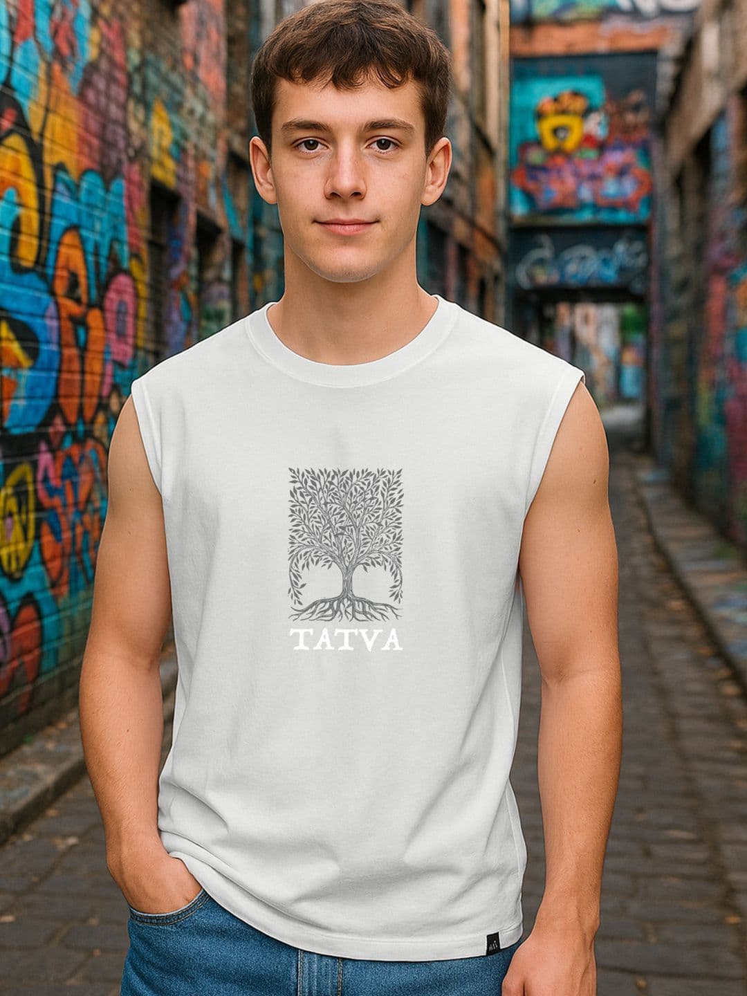 Bewakoof Men's Grey Tatva Graphic Printed Boxy Fit Vest - view 1