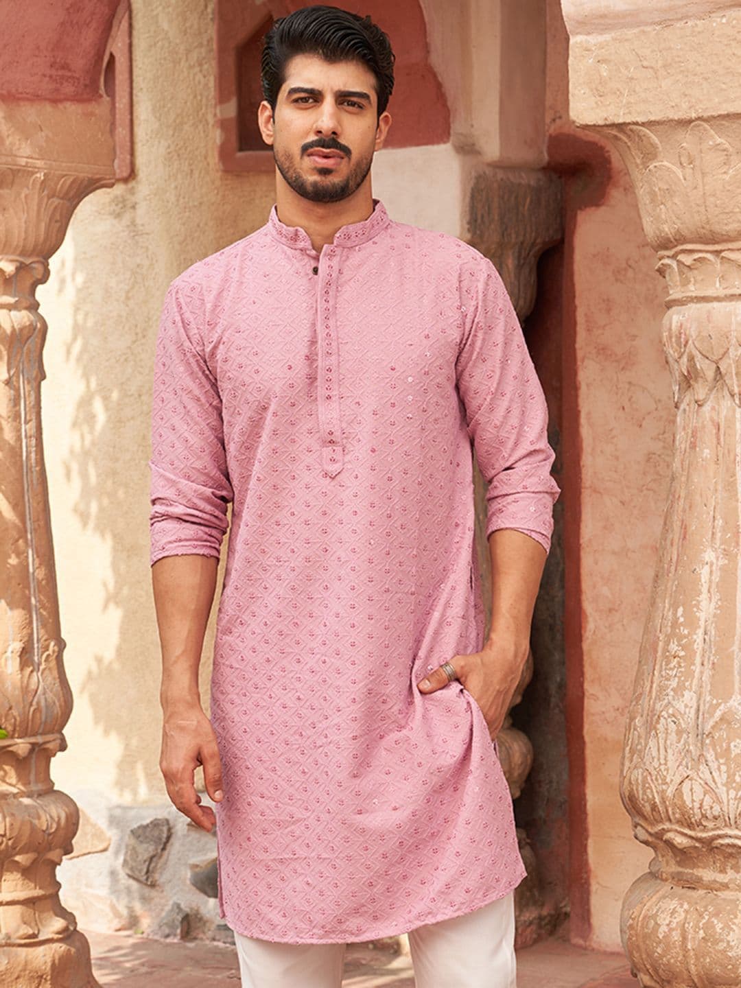 Jompers Geometric Embroidered Mandarin Collar Sequinned Straight Kurta - view 1