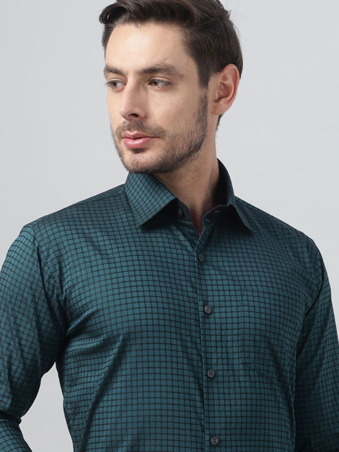 Hancock Men Classic Slim Fit Micro Checked Cotton Stretchable Spread Collar Formal Shirt - view 1