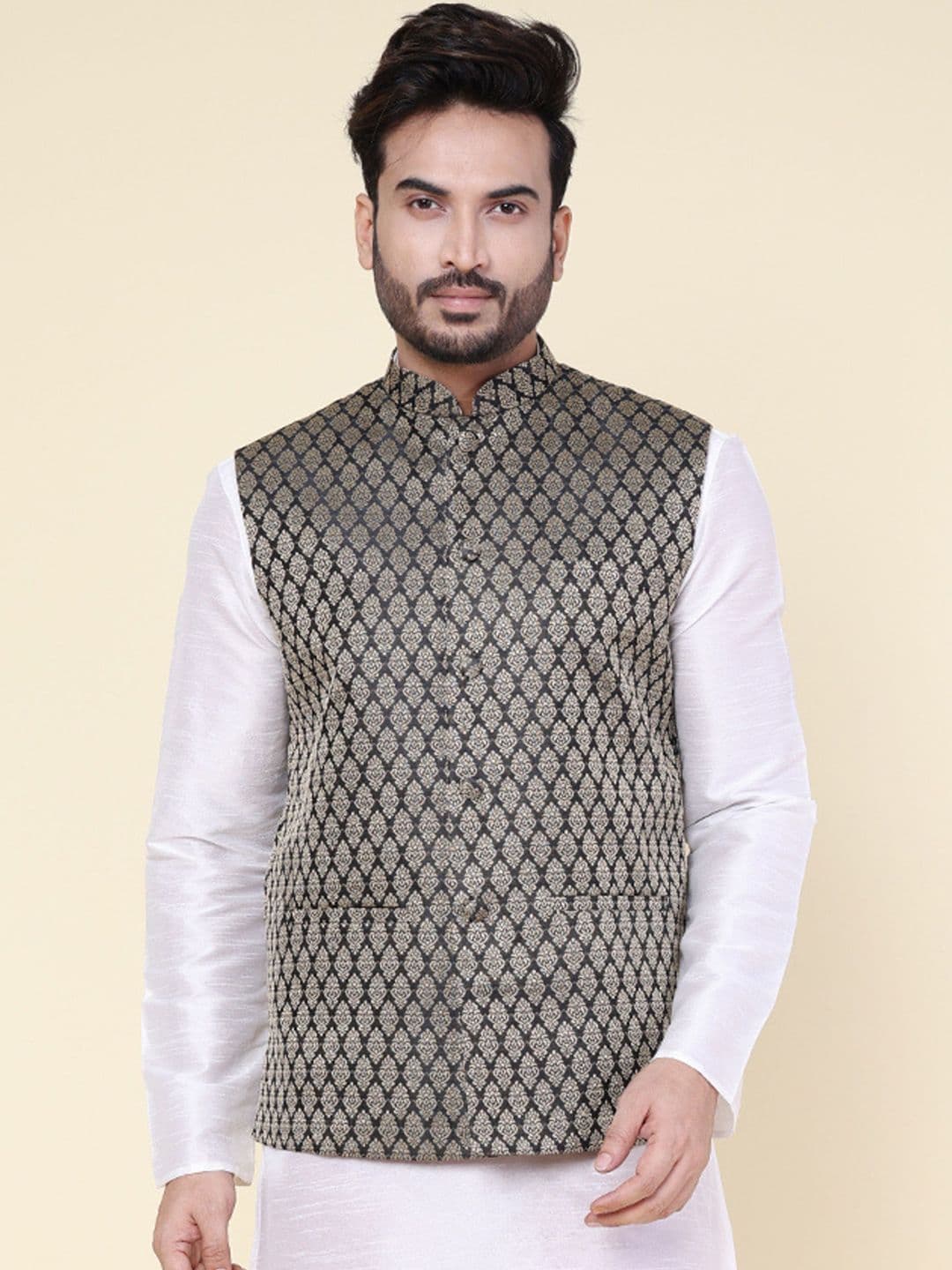 W & G Woven Design Mandarin Collar Nehru Jacket - view 1