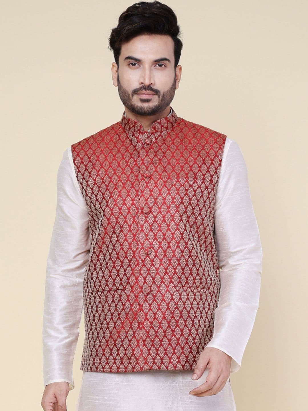 W & G Woven Design Mandarin Collar Nehru Jacket - view 1