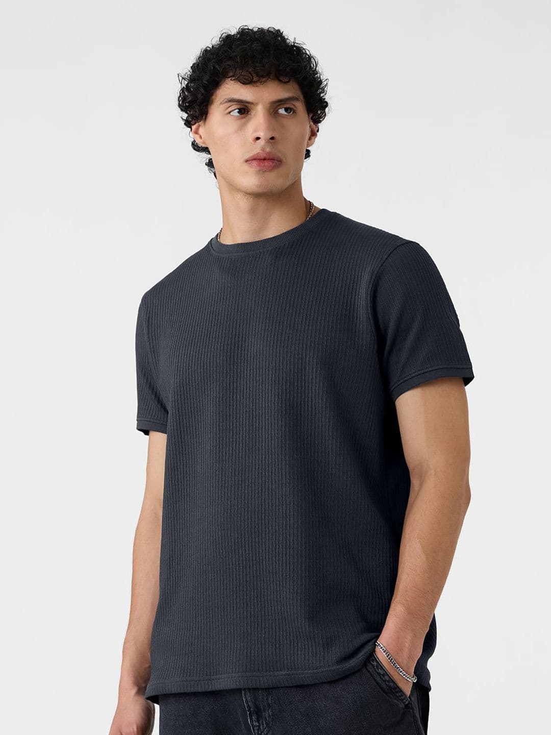 The Souled Store Charcoal Men Round Neck Solid Regular Fit T-Shirts - view 1