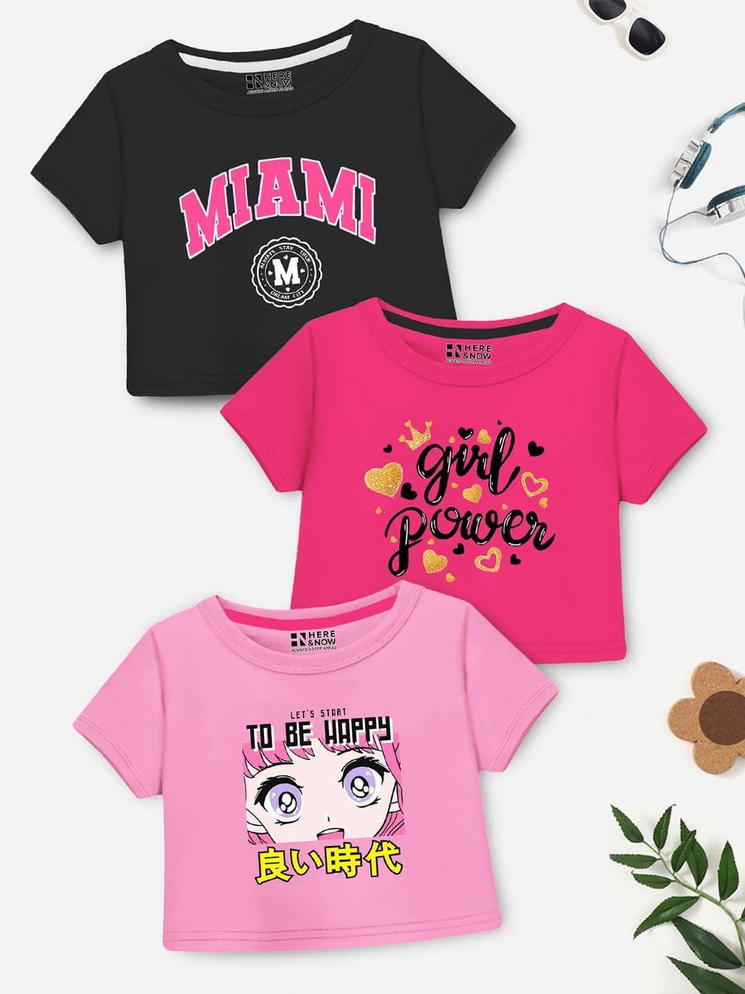 HERE&NOW Girls Pack of 3 Graphic Printed Crop Top - view 1