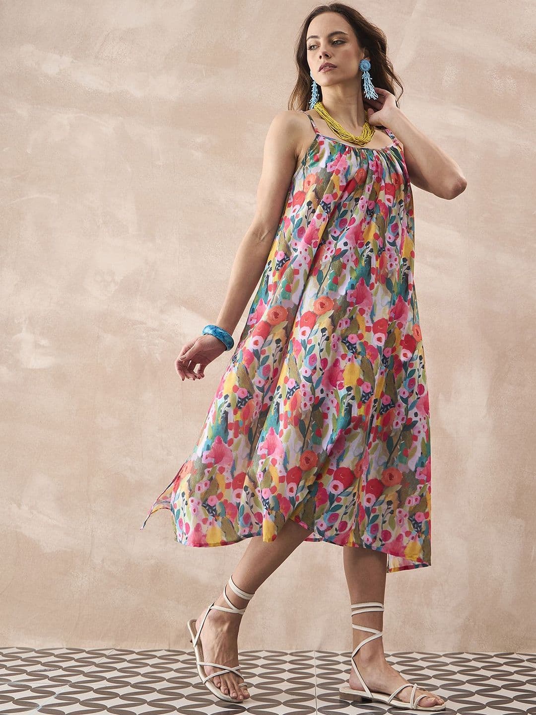 InWeave Women Floral Printed Shoulder Straps A-Line Midi Dress - view 1