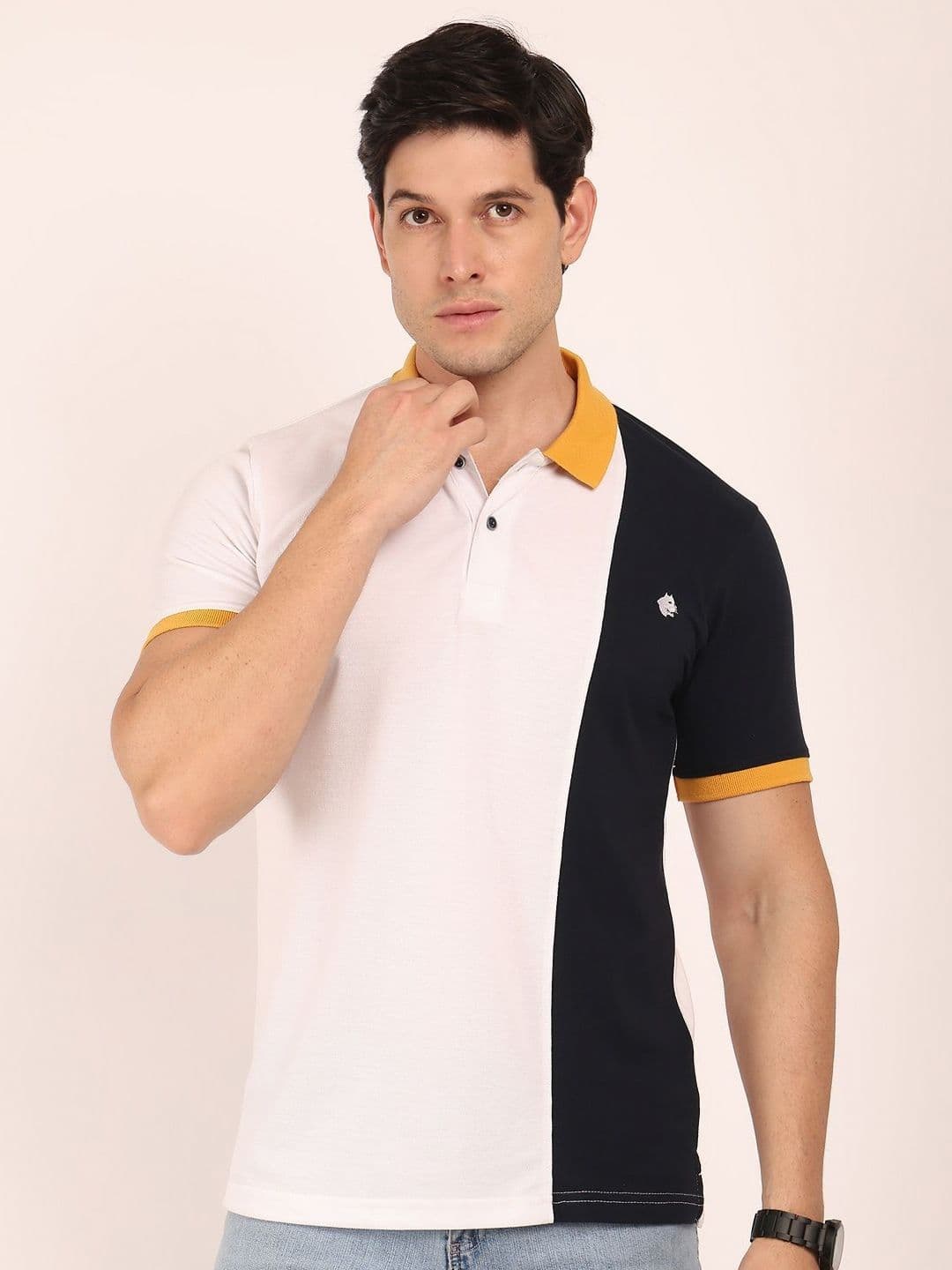 BUNCH OF BAD Colourblocked Polo Collar Cotton T-shirt - view 1