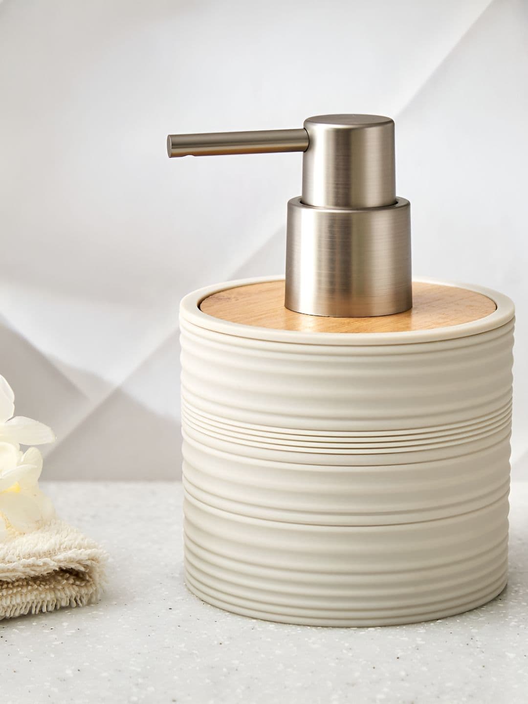 Home Centre Beige & Off White Striped Plastic Soap Dispenser - view 1