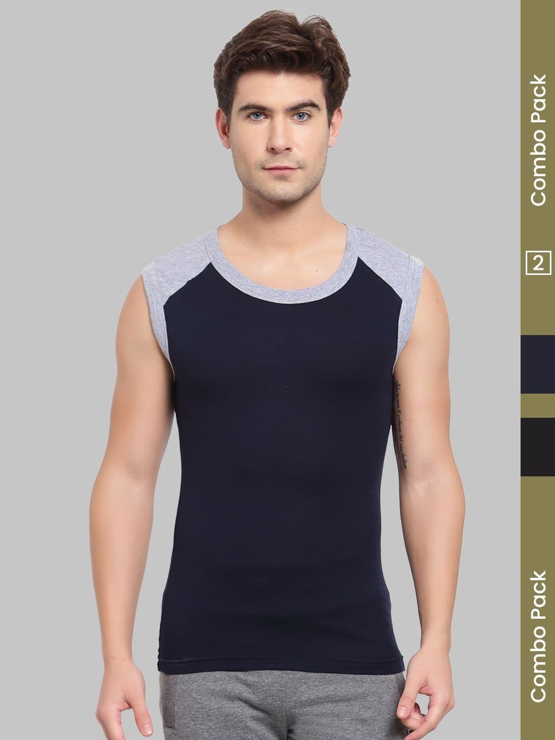 MACHO Pack Of 2 Cotton Round Neck Assorted Gym Vests - view 1