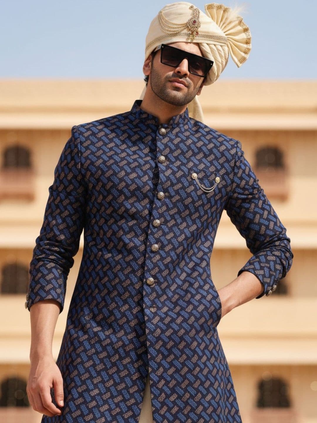 KISAH Men Geometric Textured Indowestern Sherwani Churidar Set - view 1