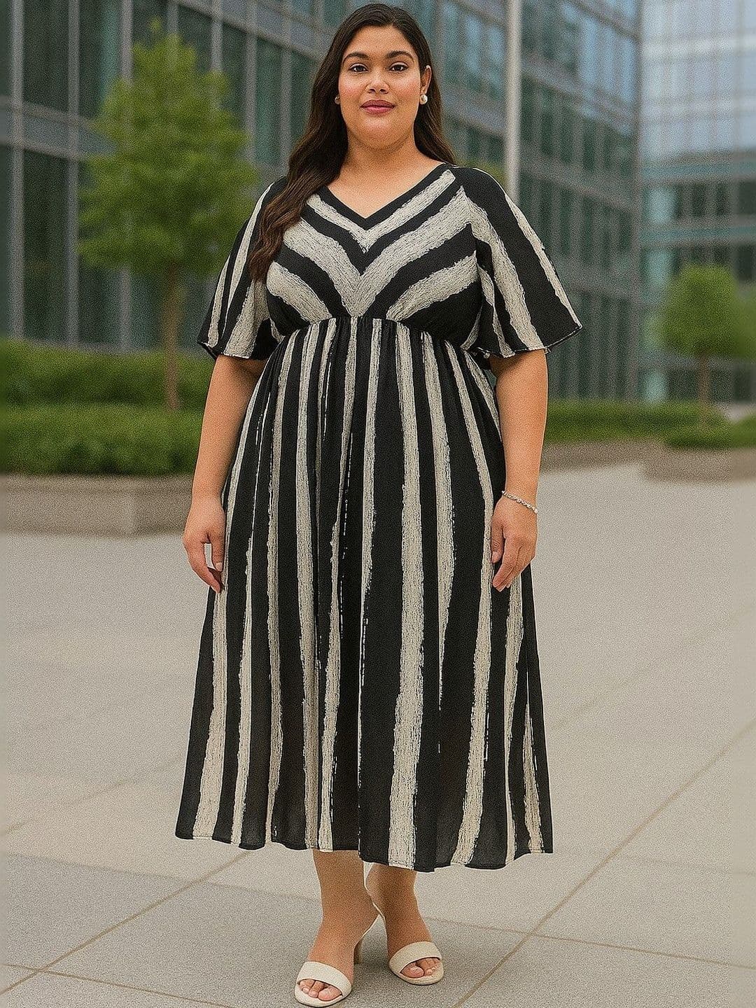 DressBerry Curve Print Flared Sleeve Georgette A-Line Midi Dress - view 1