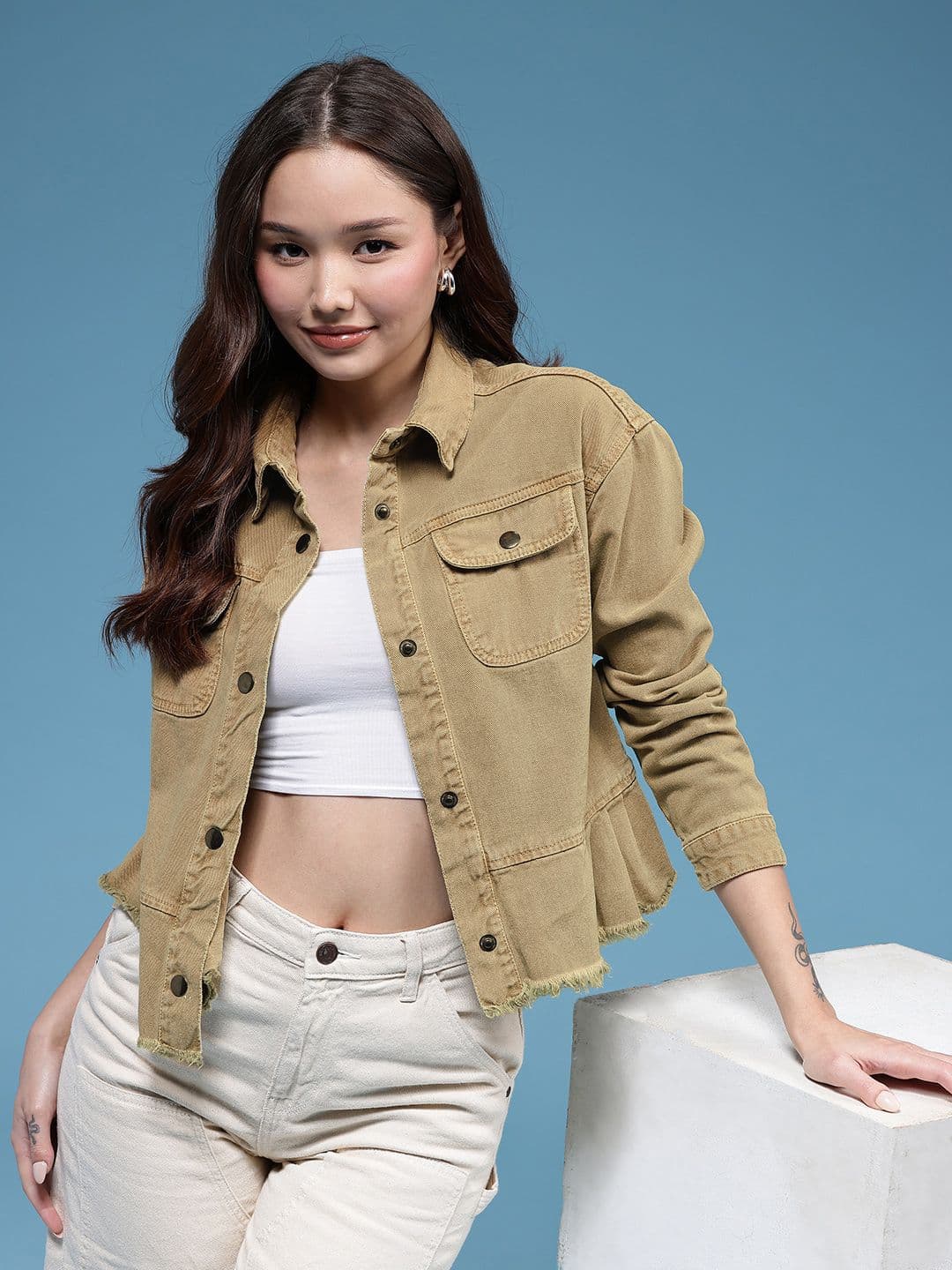 HERE&NOW Pleated Detail Pure Cotton Denim Jacket - view 1