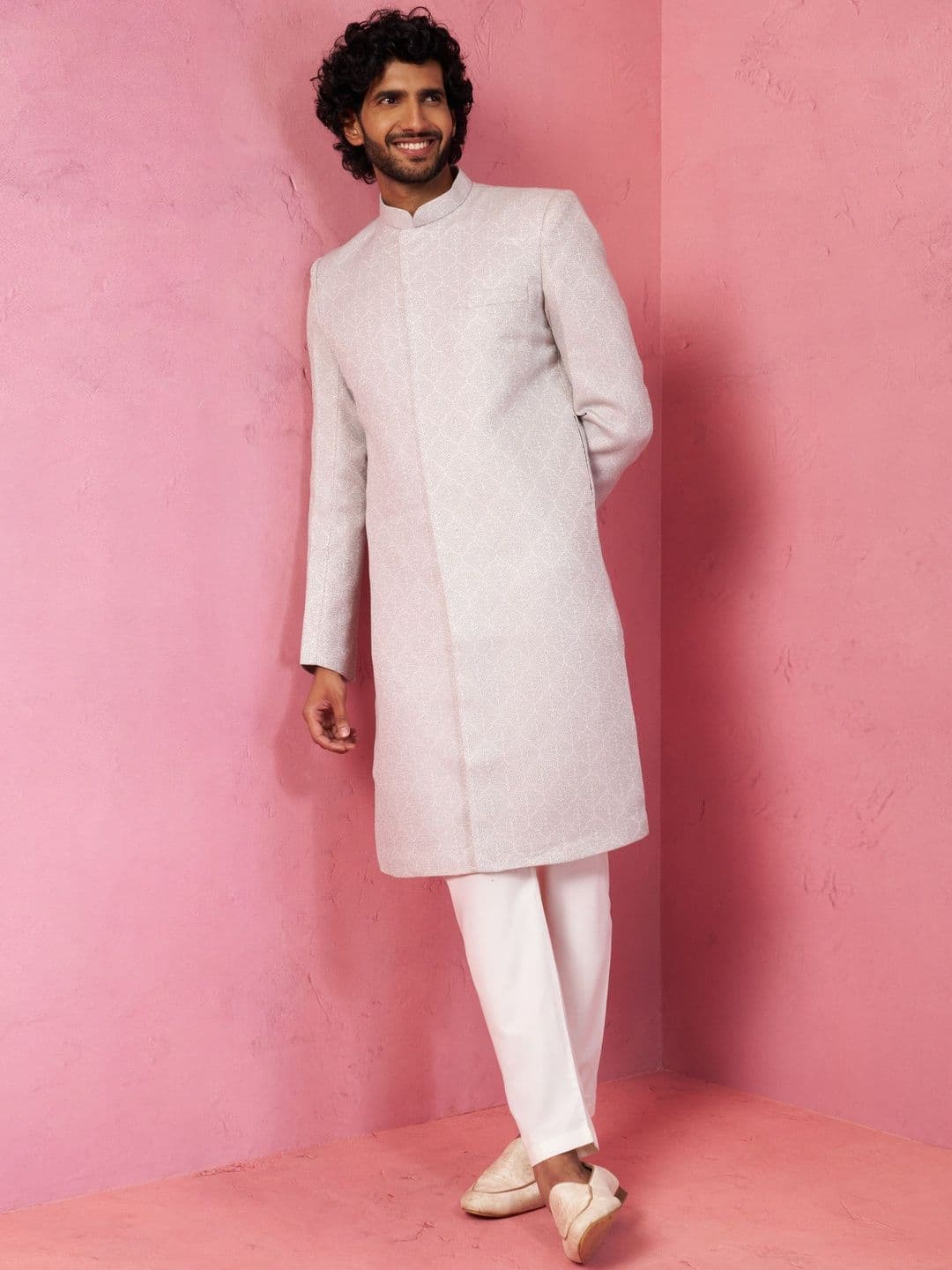 VASTRAMAY Men Ethnic Motifs Woven Design Mandarin Collar Sherwani Set with Pyjama - view 1