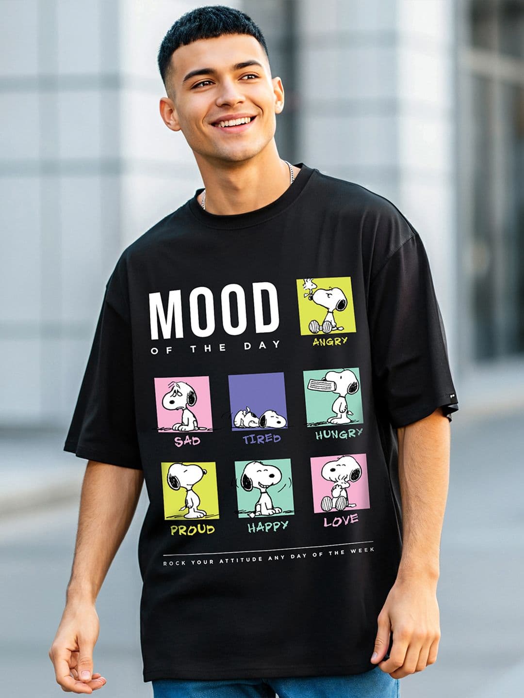Bewakoof Peanuts Printed Drop Shoulder Sleeves Pure Cotton Oversize Fitted T-shirt - view 1