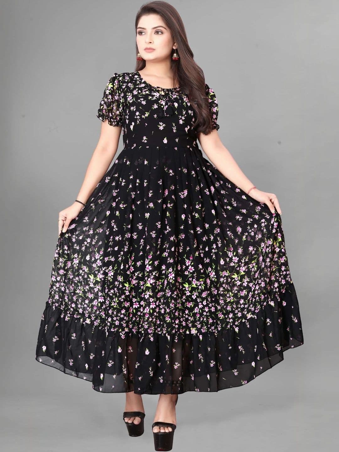 QENA Floral Print Puff Sleeve Georgette A-Line Maxi Dress - view 1