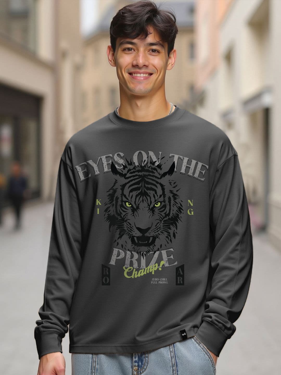 Bewakoof Men's Dark Shadow Grey Eyes On The Prize Graphic Printed Oversized T-shirt - view 1