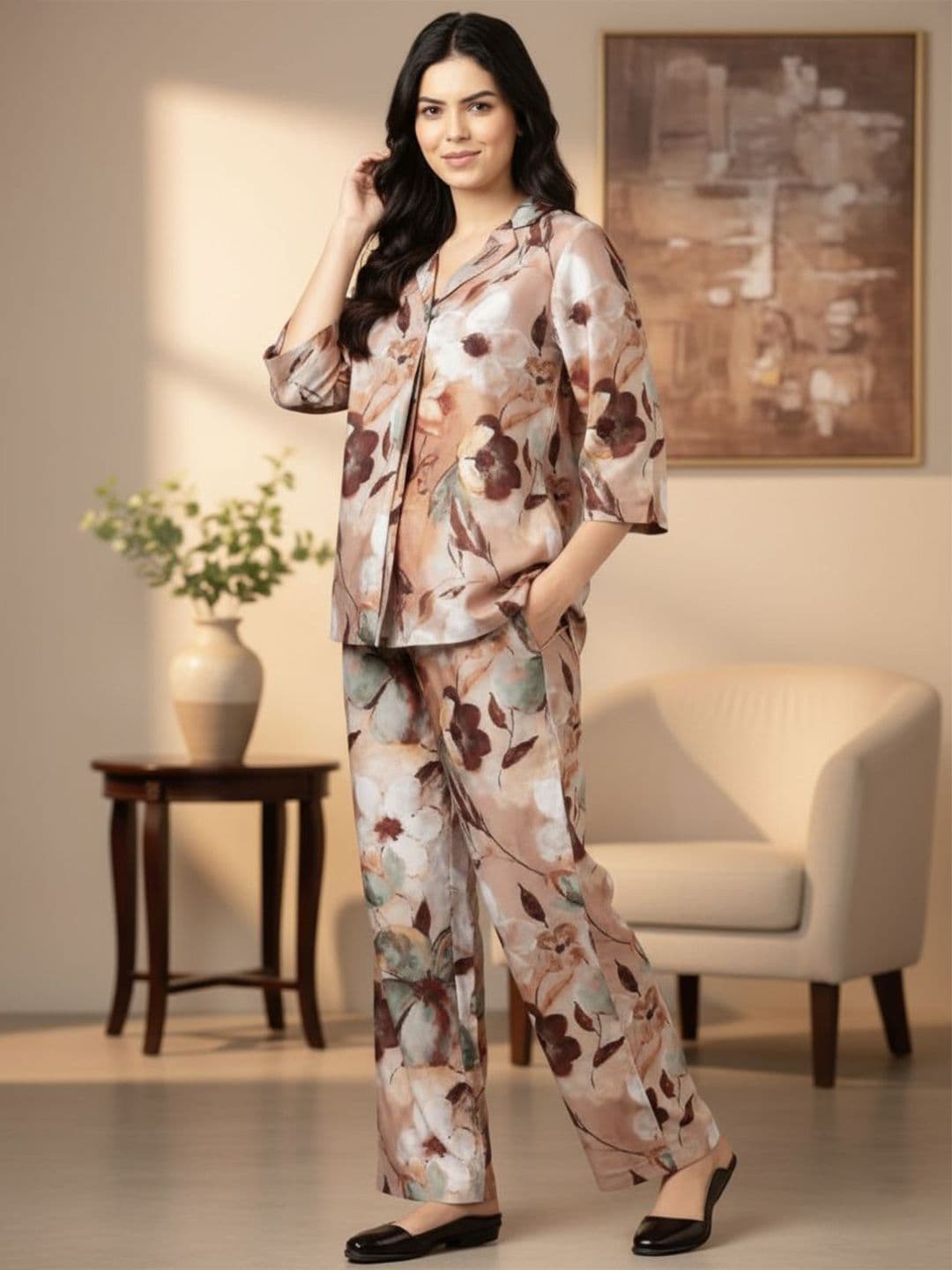 Bannos Swagger Floral Printed Shawl Neck Top With Printed Trousers - view 1