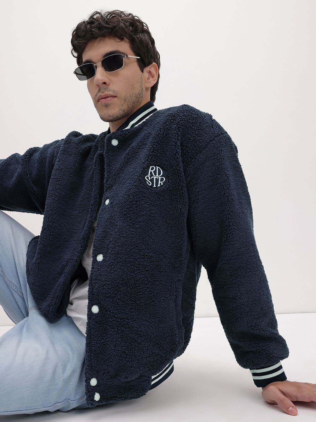 The Roadster Life Co. Typography Embroidered Sherpa Varsity Jacket with Applique Detail - view 1