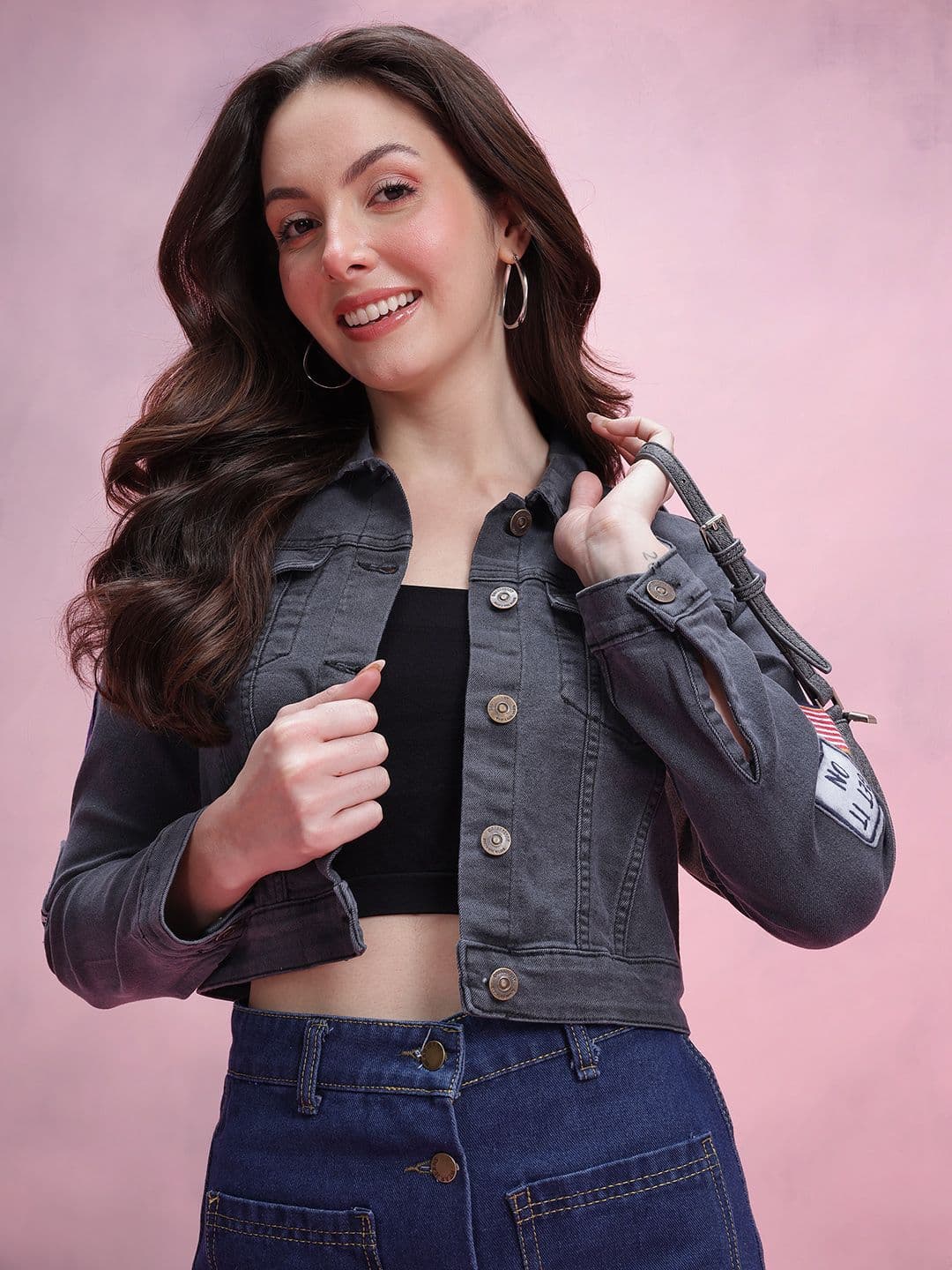 DressBerry Typography Patchwork Detail Crop Denim Jacket - view 1