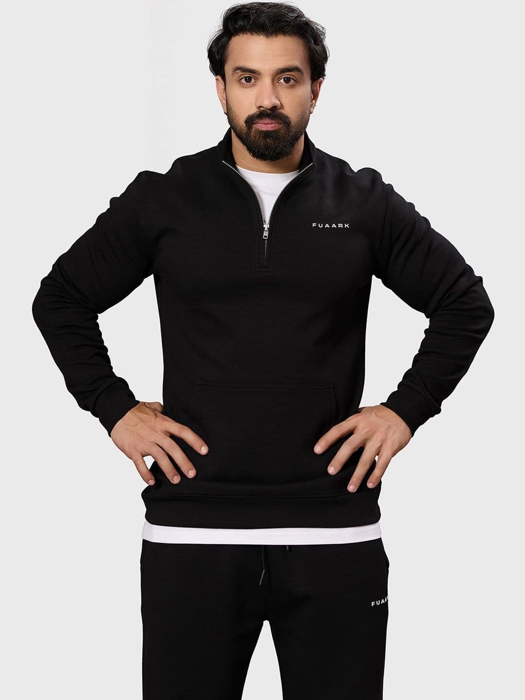 FUAARK Men Brand Logo Printed Cotton Eclipse High Neck Pullover with Zip Closure - view 1