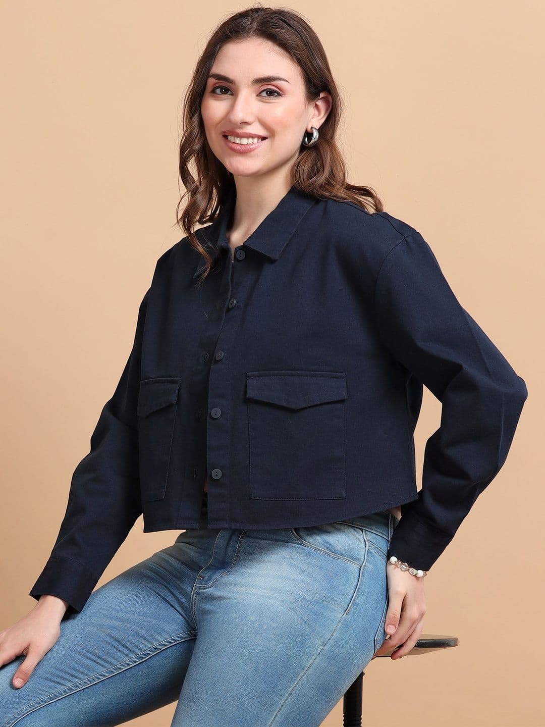 Glam & Chique Women 100% Cotton Solid Cropped Shirt Jacket with Pockets - view 1