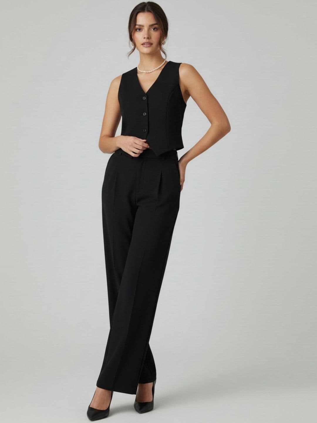 glitchez Solid V-Neck Waistcoat & Trousers Co-Ords Set - view 1