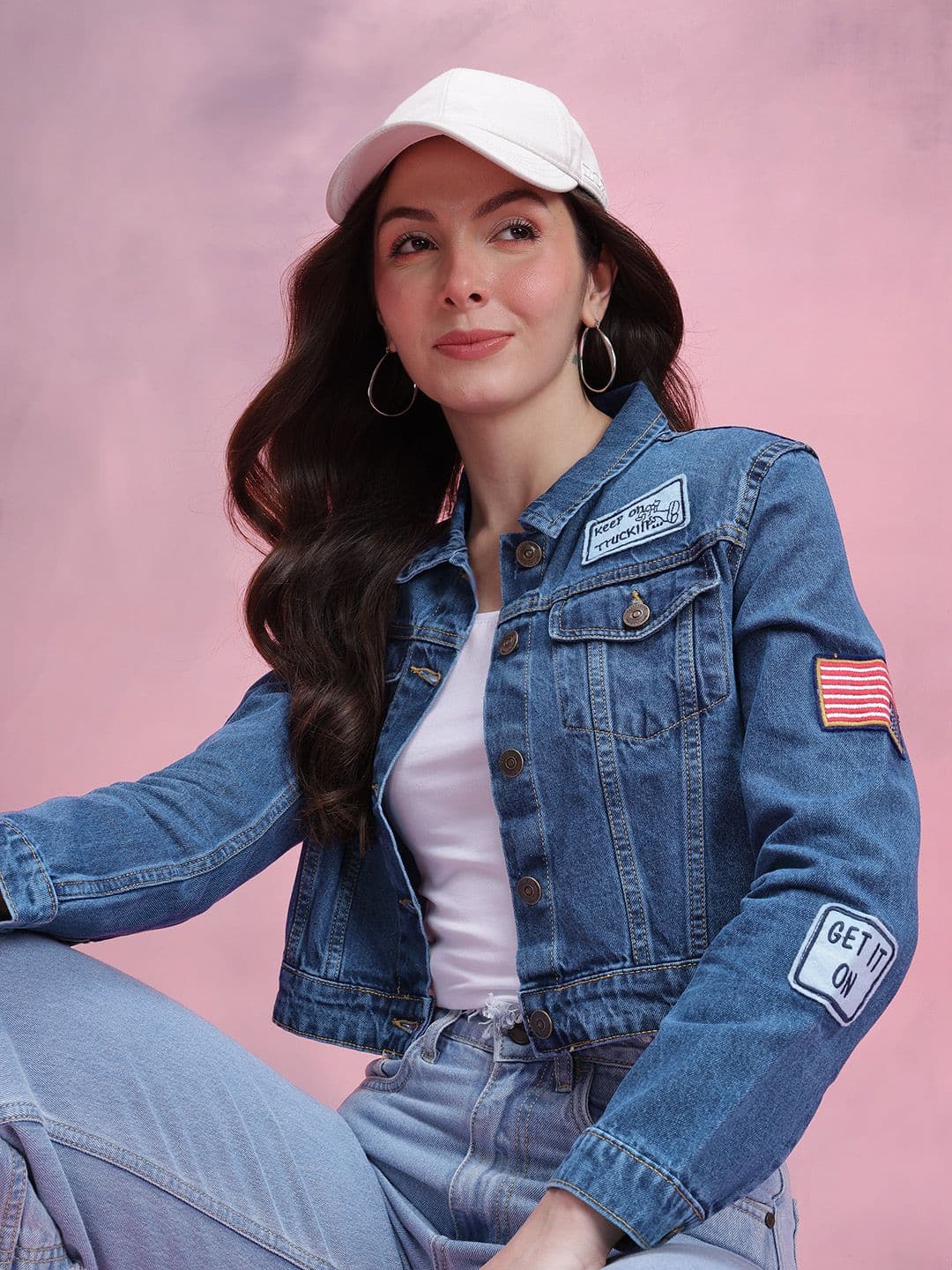 DressBerry Typography Patchwork Detail Crop Denim Jacket - view 1