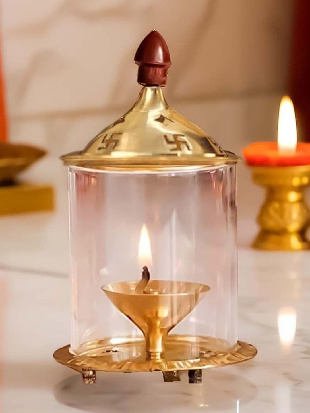 Heaven Decor Traditional Brass and Glass Akhand deep Diya with Cover for Puja - view 1