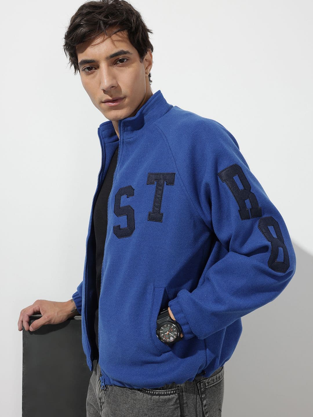 The Roadster Life Co. Typography Applique Detail Stand Collar Raglan Sleeves Bomber Jacket - view 1