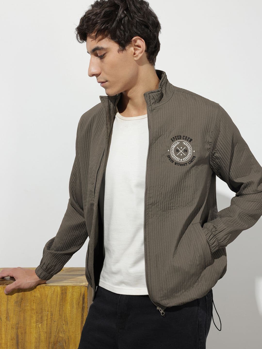 The Roadster Life Co. Striped Stand Collar Bomber Jacket - view 1
