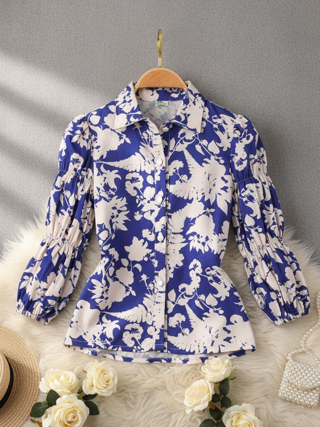 Cutiekins Girls Floral Printed Puff Sleeves Georgette Shirt Style Top - view 1