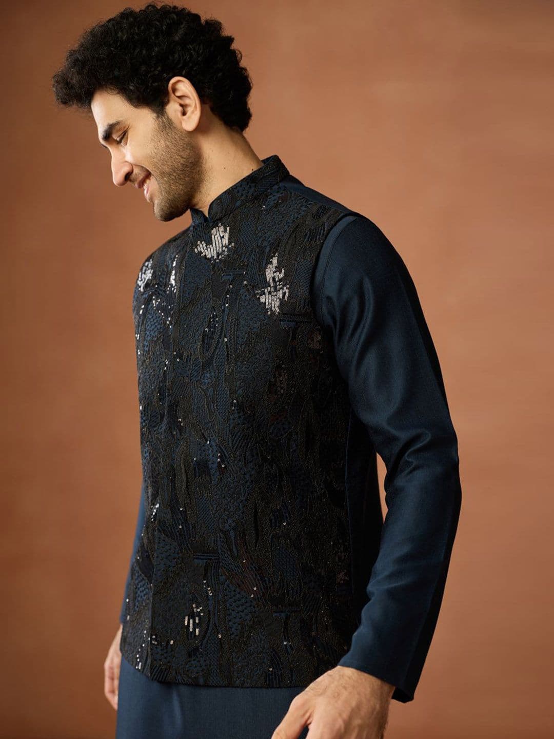 KISAH Men Navy Blue Nehru Jacket Sequin Embroidered Festive & Wedding Bundi - view 1