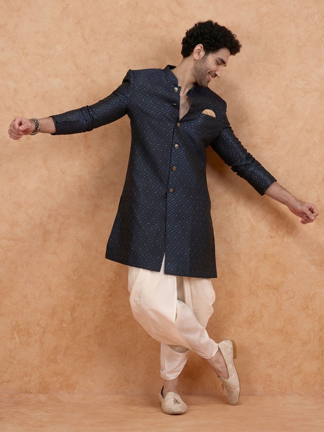 KISAH Men Self-Design Cotton Indowestern Sherwani Dhoti Set - view 1