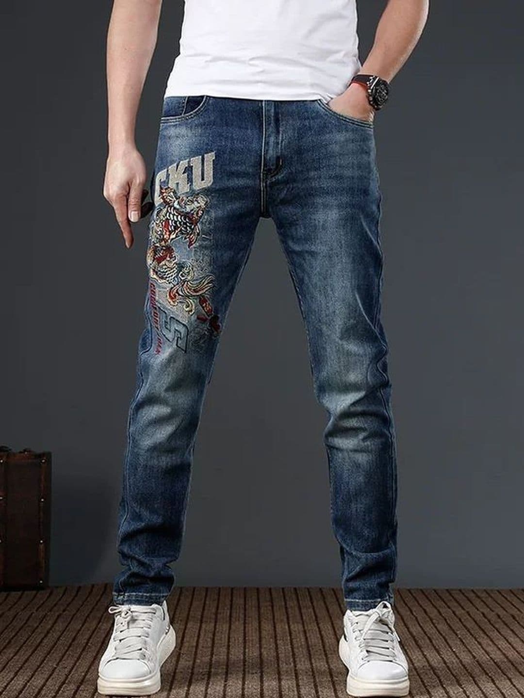 StyleCast x Revolte Men Skinny Fit Mid-Rise Light Fade Applique Jeans - view 1