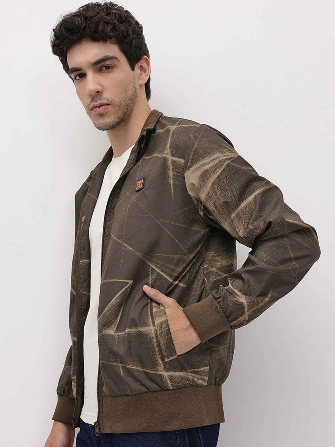 The Roadster lifestyle Co. Abstract Printed Mock Collar Bomber Jacket - view 1