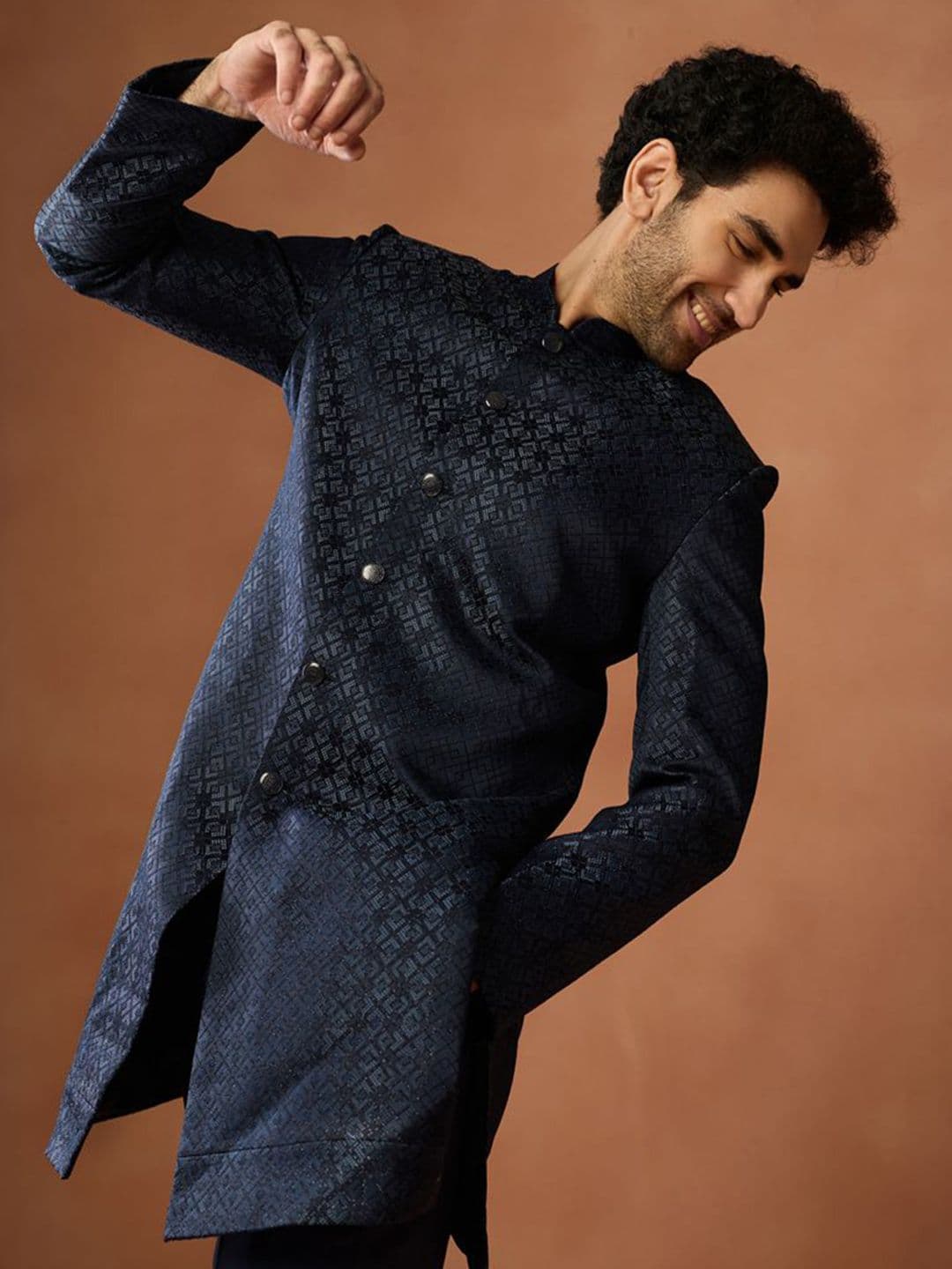 KISAH Men Indo Western Sherwani Trouser Set Jacquard Achkan with Red Pocket Square - view 1