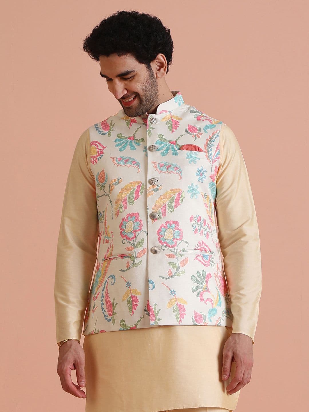 KISAH Men Printed Zari Regular Fit Nehru Jacket - view 1