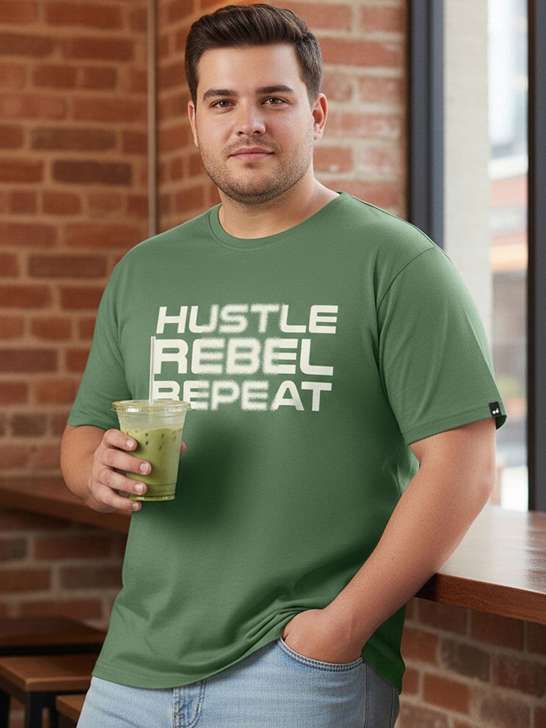 Bewakoof Plus Size Hustle Rebel Repeat Typography Printed Cotton Terry T-Shirt - view 1
