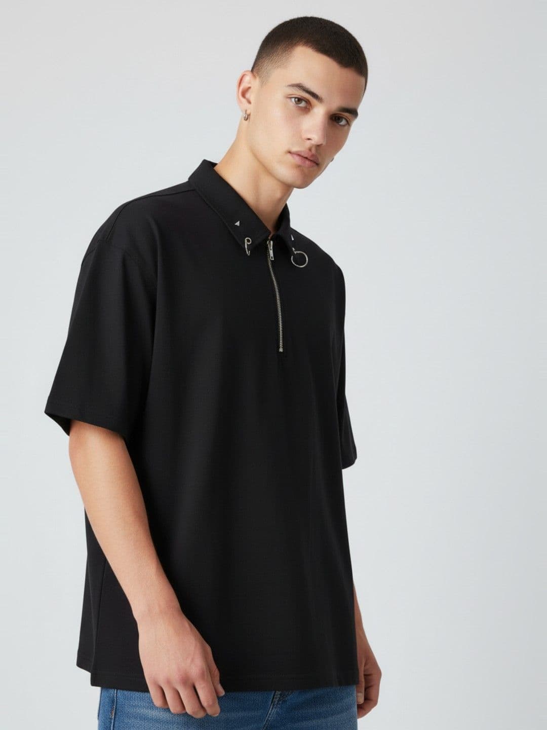 glitchez Drop-Shoulder Sleeves Oversized Polo Collar T-shirt - view 1