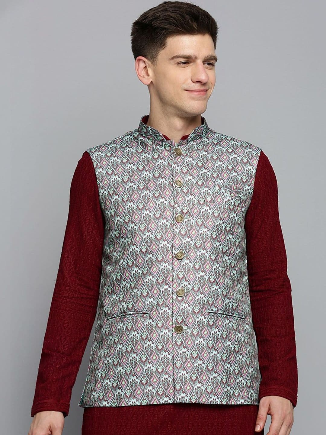 SHOWOFFFF Printed Slim Fit Mandarin Collar Nehru Jacket - view 1