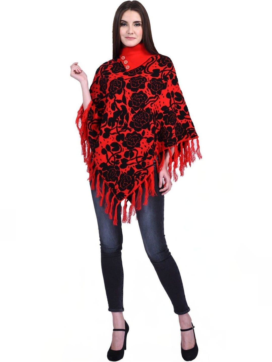 eKools Unisex Floral Printed Woollen Poncho with Fringed Detail - view 1