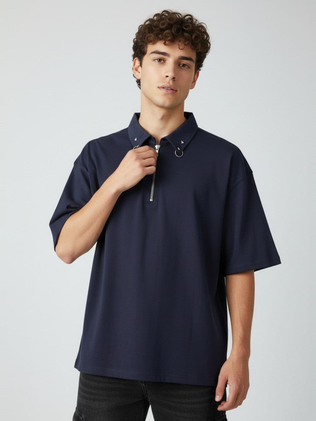 glitchez Drop-Shoulder Sleeves Oversized Polo Collar T-shirt - view 1
