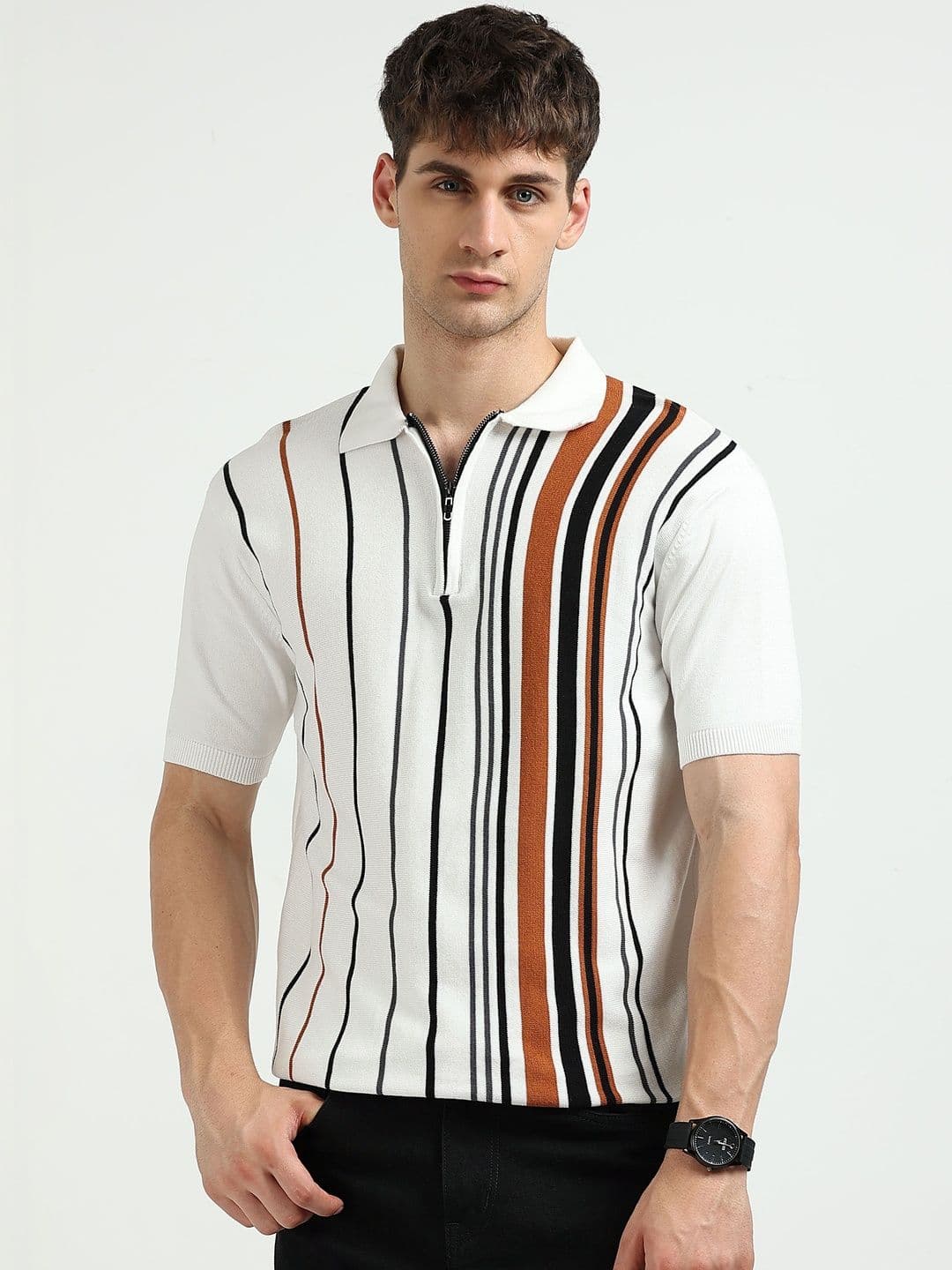 MOHICANS Men Polo Collar Pure Cotton Striped Zipper Tshirt - view 1