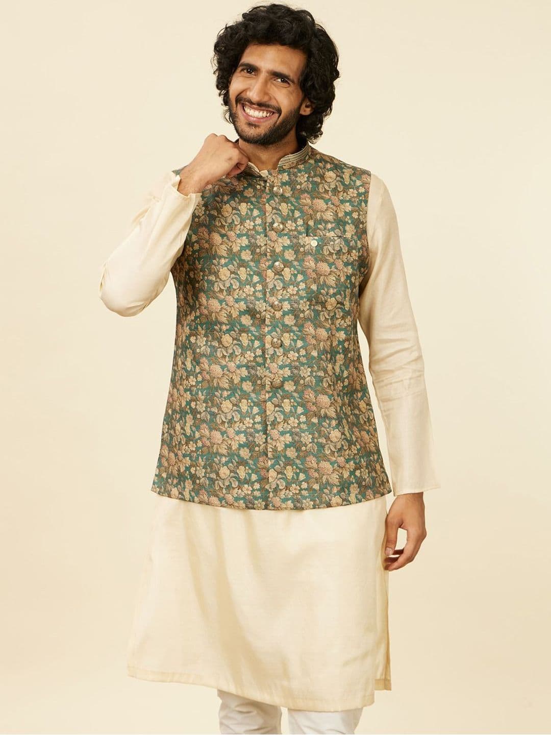 Manyavar Printed Woven Nehru Jacket - view 1