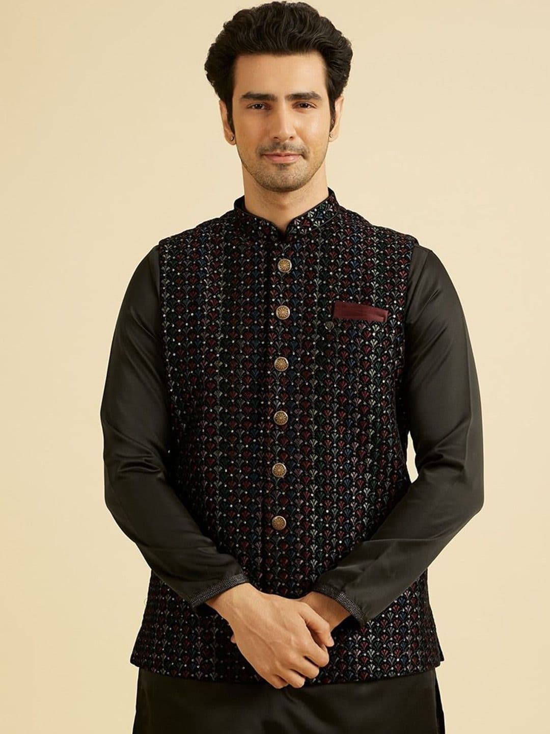 Manyavar Men Embroidered Woven Nehru Jacket - view 1