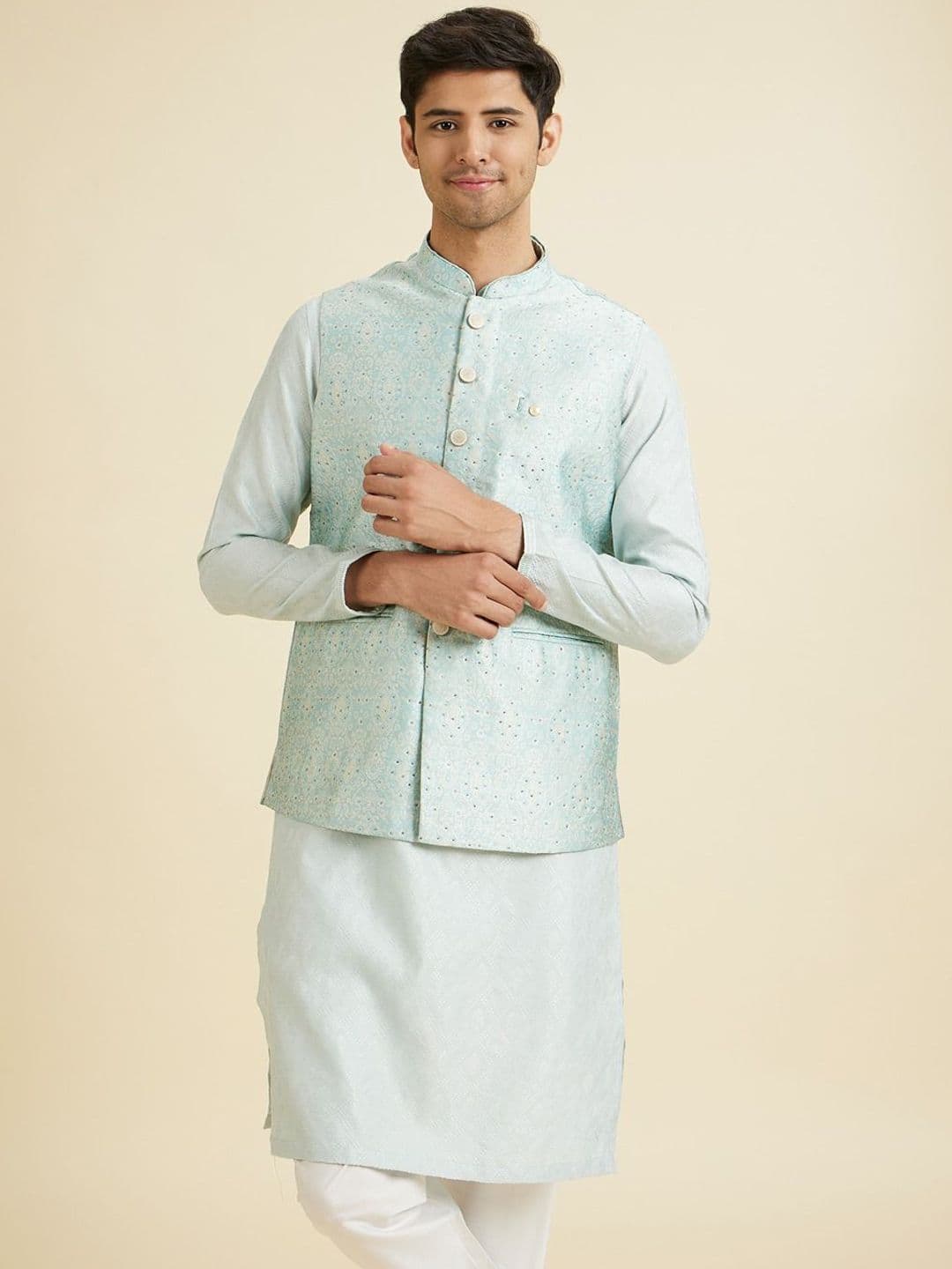 Manyavar Woven Design Mandarin Collar Nehru Jacket - view 1