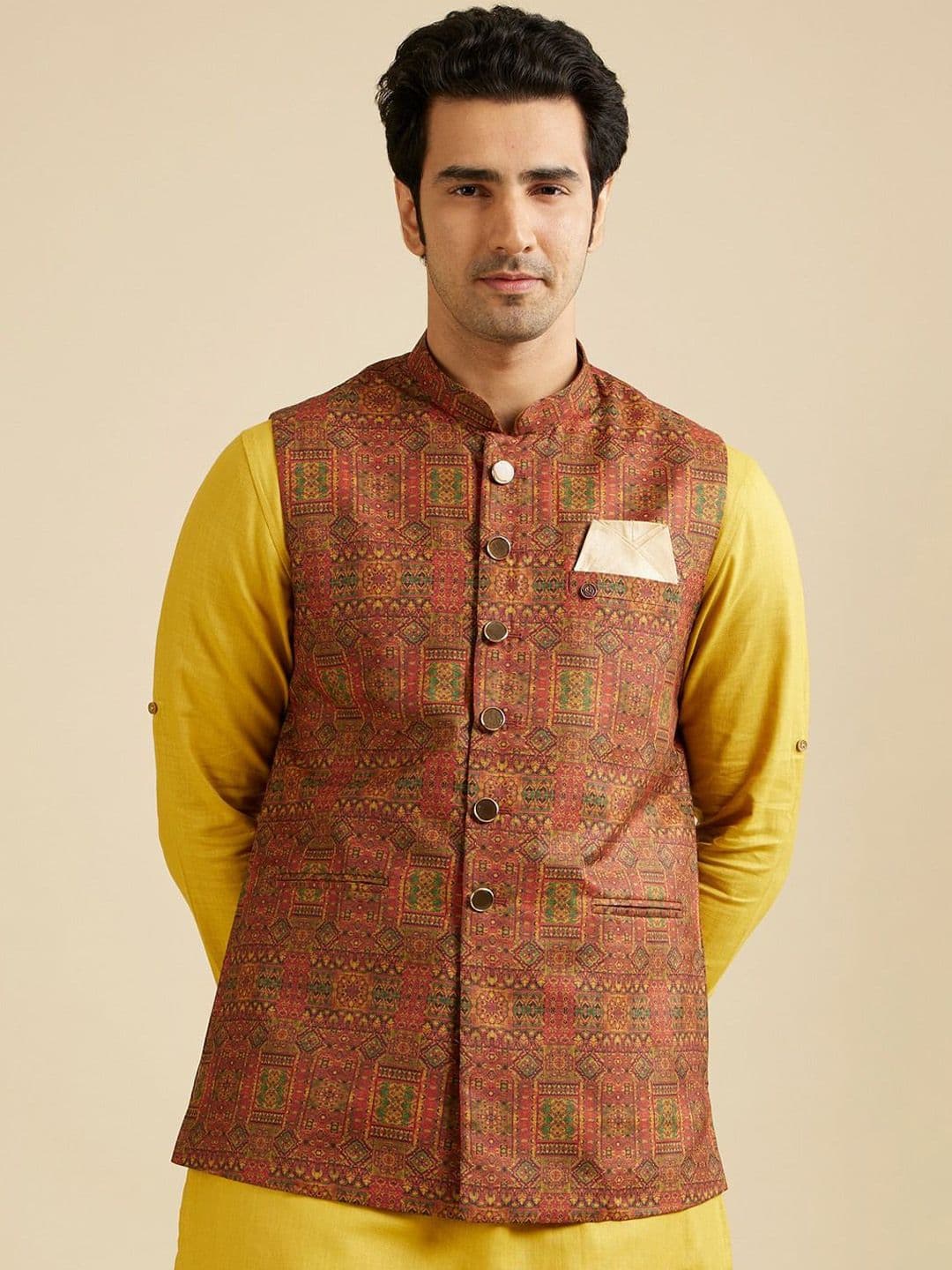 Manyavar Printed Mandarin Collar Nehru Jacket - view 1