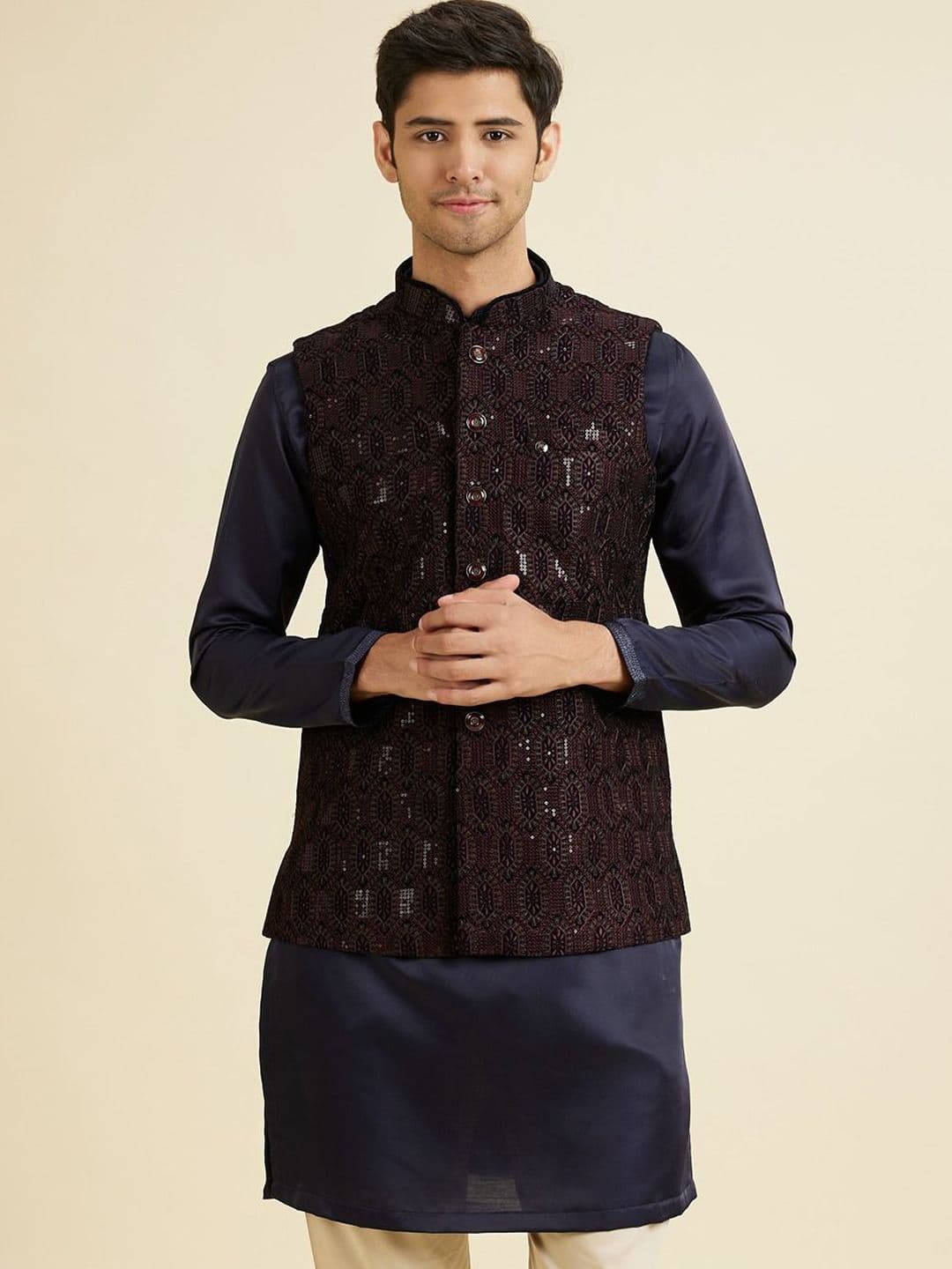 Manyavar Embroidered Velvet Mandarin Collar Nehru Jacket - view 1