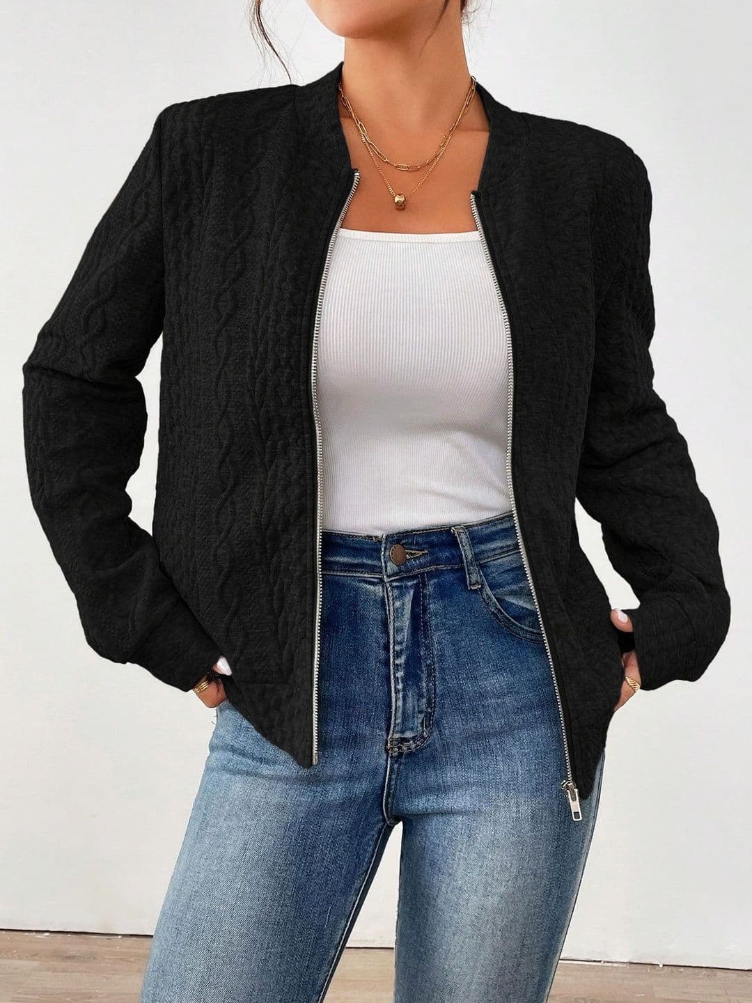 Stylecast X Slyck Women Solid Textured Zip Up Bomber Jacket - view 1