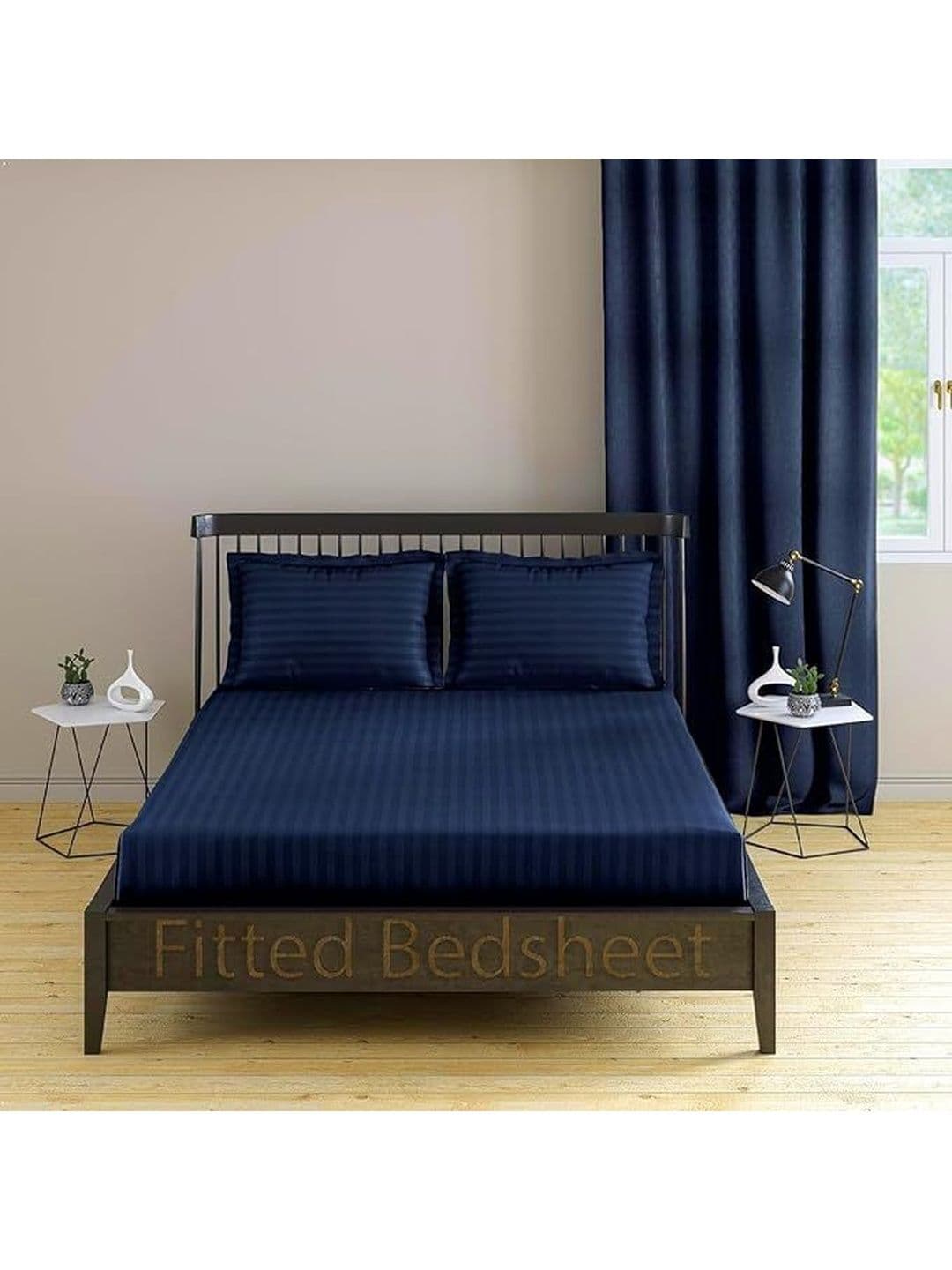 LUZDECOR Navy Blue & Navy Blue Striped Bedsheet with 2 Pillow Covers - view 1
