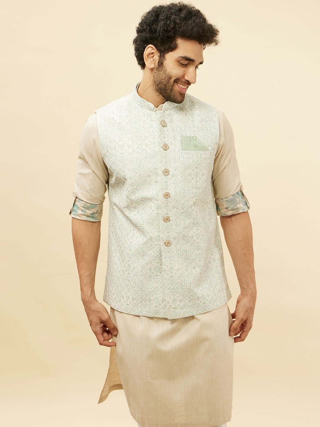 Manyavar Ethnic Motifs Printed Sequined Nehru Jackets - view 1